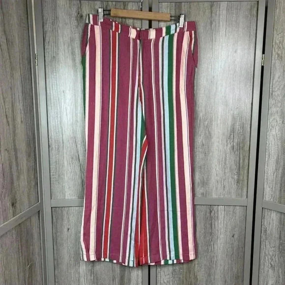 Free People Pants High Waist Stripes Straight Leg Pockets Sz 12 - Picture 1 of 9